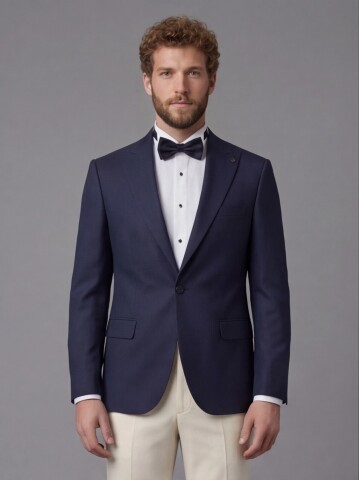 Navy Blue Peak Lapel Comfort Fit Single Button Tuxedo Jacket & Beige Trousers Suit Combination