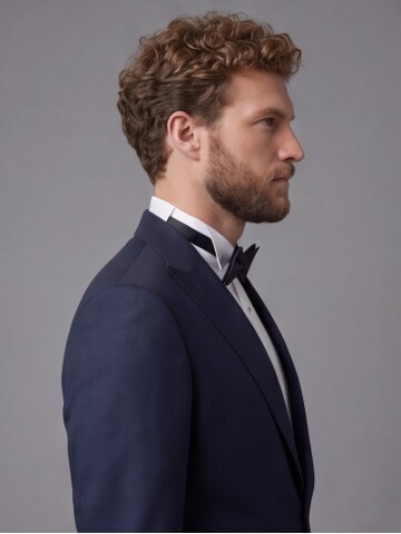 Navy Blue Peak Lapel Comfort Fit Single Button Tuxedo Jacket & Beige Trousers Suit Combination