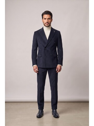 Navy Peak Lapel Velvet Double Breasted Suit