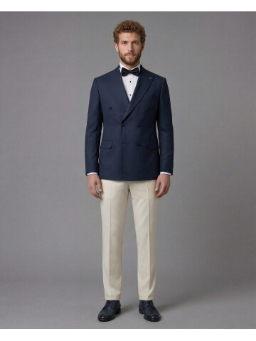 Navy Blue Peak Lapel Double-Breasted Blazer & Beige Trousers Combination Suit