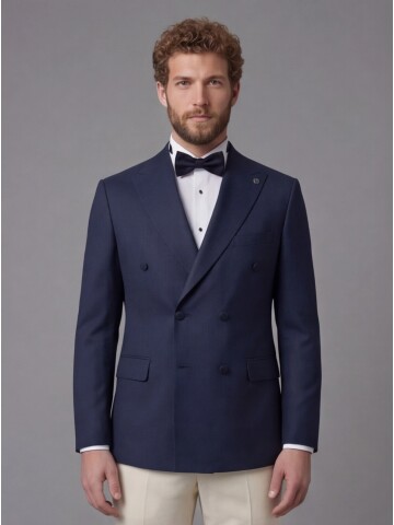 Navy Blue Peak Lapel Double-Breasted Blazer & Beige Trousers Combination Suit