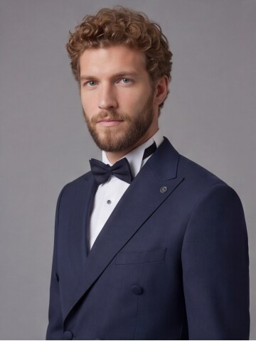 Navy Blue Peak Lapel Double-Breasted Blazer & Beige Trousers Combination Suit