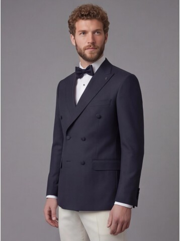 Navy Blue Peak Lapel Double-Breasted Blazer & White Trousers Combination Suit