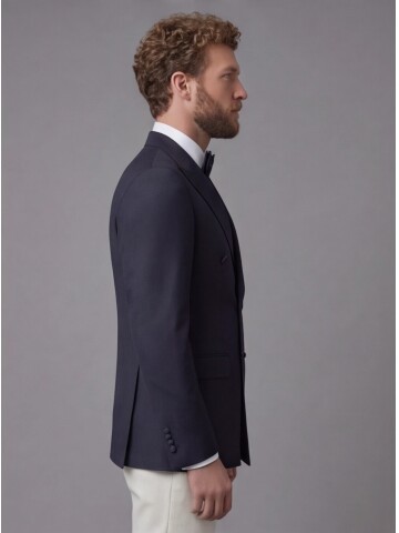 Navy Blue Peak Lapel Double-Breasted Blazer & White Trousers Combination Suit