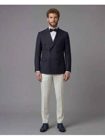 Navy Blue Peak Lapel Double-Breasted Blazer & White Trousers Combination Suit