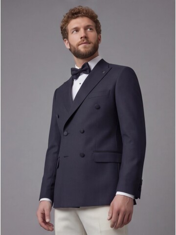 Navy Blue Peak Lapel Double-Breasted Blazer & White Trousers Combination Suit