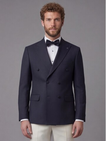 Navy Blue Peak Lapel Double-Breasted Blazer & White Trousers Combination Suit