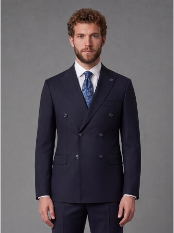 Navy Blue Peak Lapel Double Breasted Suit
