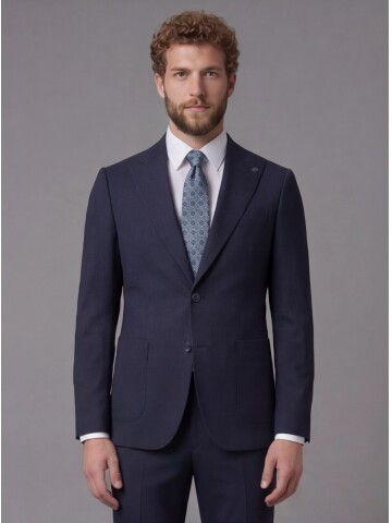 Lacivert Sivri Yaka Slim Fit 2 Düğme Torba Cep Takım Elbise