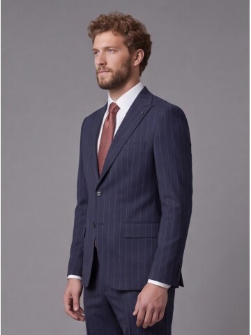 Lacivert Sivri Yaka Slim Fit Çizgili Takım Elbise