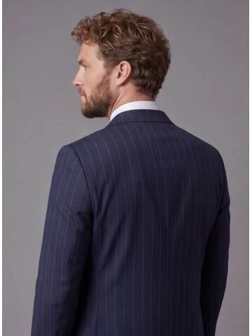 Lacivert Sivri Yaka Slim Fit Çizgili Takım Elbise