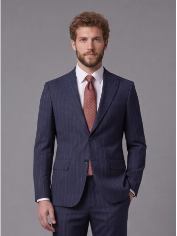 Lacivert Sivri Yaka Slim Fit Çizgili Takım Elbise