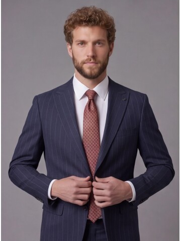 Lacivert Sivri Yaka Slim Fit Çizgili Takım Elbise