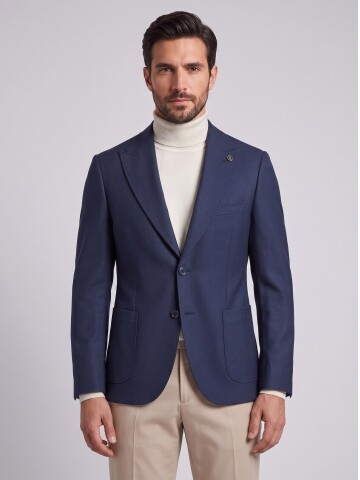 Navy Blue Pointed-Collar Jacket with Patch Pockets