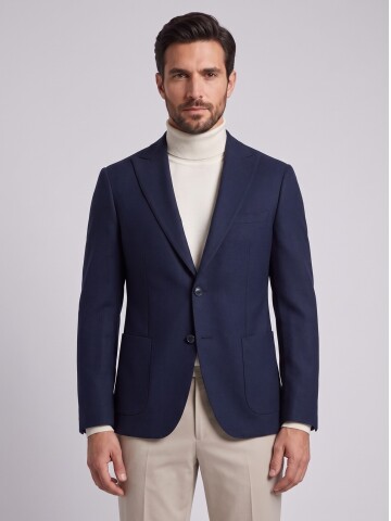 Dark Navy Peak Lapel Patch Pocket Blazer