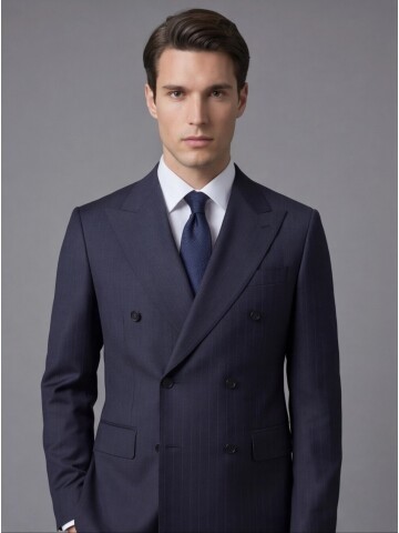 Lacivert Sivri Yaka Yünlü Kruvaze Takım Elbise