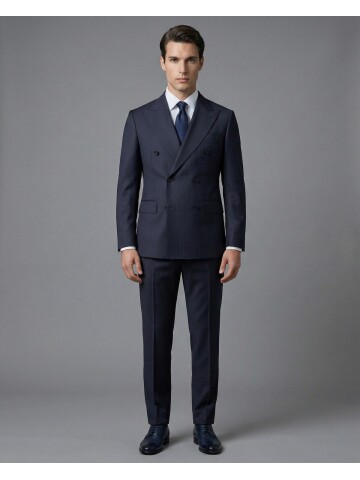 Lacivert Sivri Yaka Yünlü Kruvaze Takım Elbise