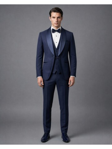 Lacivert Slim Fit Şal Yaka Zincir Düğmeli Damatlık