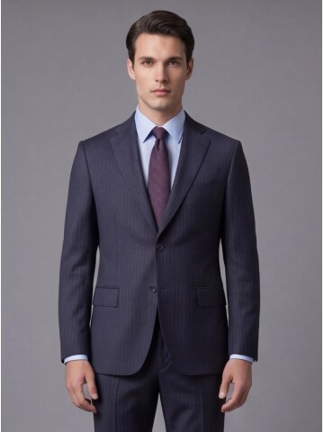 Lacivert Yünlü Mono Yaka Regular Fit 2 Düğme Takım Elbise