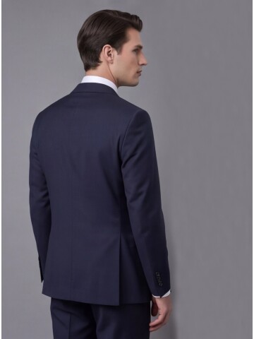 Lacivert Yünlü Sivri Yaka Comfort Fit Takım Elbise