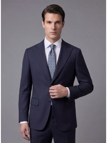 Lacivert Yünlü Sivri Yaka Comfort Fit Takım Elbise