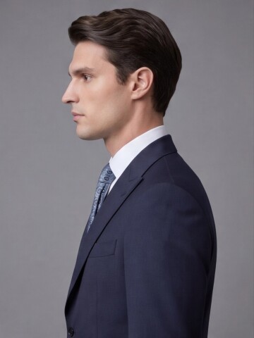 Lacivert Yünlü Sivri Yaka Comfort Fit Takım Elbise