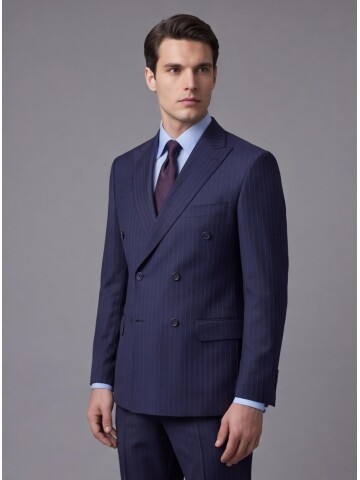 Lacivert Yünlü Sivri Yaka Kruvaze Regular Fit 6 Düğme Takım Elbise