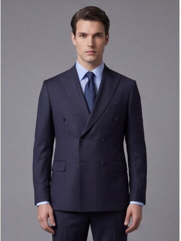 Lacivert Yünlü Sivri Yaka Kruvaze Regular Fit 6 Düğme Takım Elbise