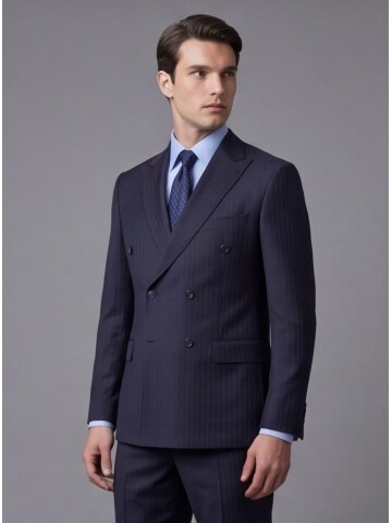 Lacivert Yünlü Sivri Yaka Kruvaze Regular Fit 6 Düğme Takım Elbise