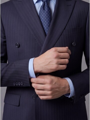 Lacivert Yünlü Sivri Yaka Kruvaze Regular Fit 6 Düğme Takım Elbise