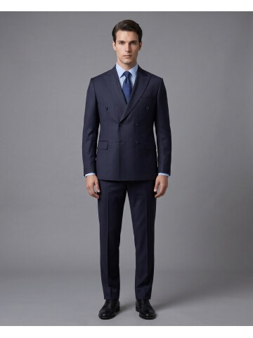 Lacivert Yünlü Sivri Yaka Kruvaze Regular Fit 6 Düğme Takım Elbise