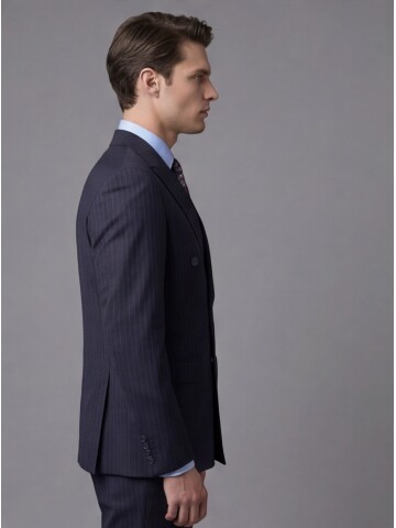 Lacivert Yünlü Sivri Yaka Kruvaze Regular Fit 6 Düğme Takım Elbise