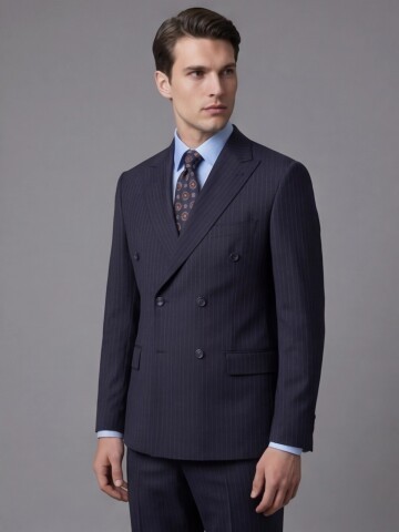 Lacivert Yünlü Sivri Yaka Kruvaze Regular Fit 6 Düğme Takım Elbise