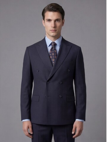 Lacivert Yünlü Sivri Yaka Kruvaze Regular Fit 6 Düğme Takım Elbise