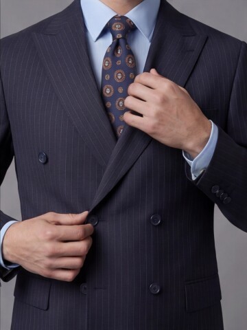 Lacivert Yünlü Sivri Yaka Kruvaze Regular Fit 6 Düğme Takım Elbise