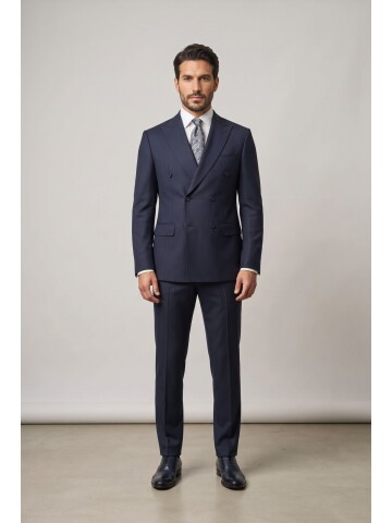 Blue Striped Peak Lapel Double Breasted 6 Button Comfort Fit Suit