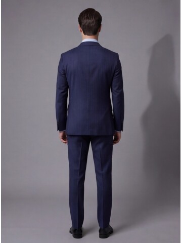 Mavi Çizgili Yünlü Sivri Yaka Regular Fit Takım Elbise