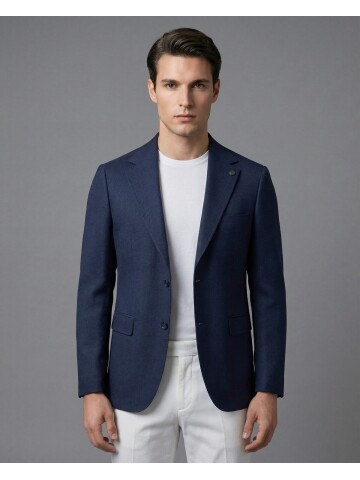 Blue Regular Fit Notch Lapel Two-Button Flap Pocket Blazer