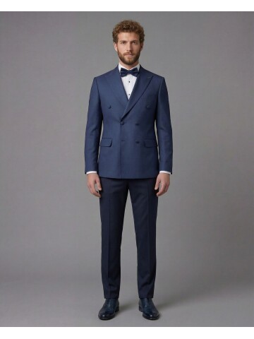 Blue Peak Lapel Double-Breasted Blazer & Navy Blue Trousers Combination Suit