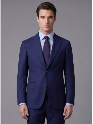 Mavi Yünlü Mono Yaka Comfort Fit Takım Elbise