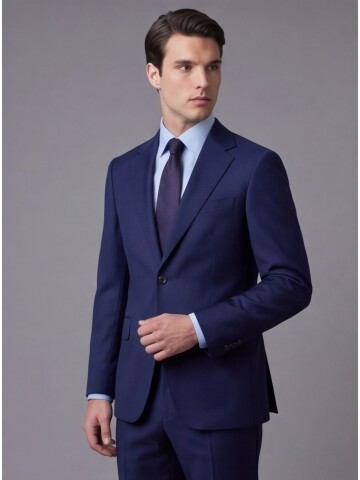 Mavi Yünlü Mono Yaka Comfort Fit Takım Elbise