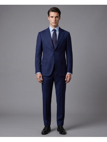 Mavi Yünlü Mono Yaka Comfort Fit Takım Elbise