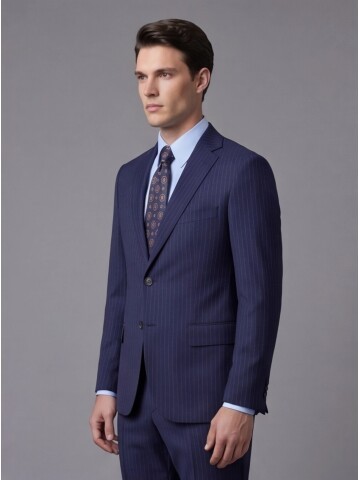 Mavi Yünlü Mono Yaka Regular Fit 2 Düğme Takım Elbise