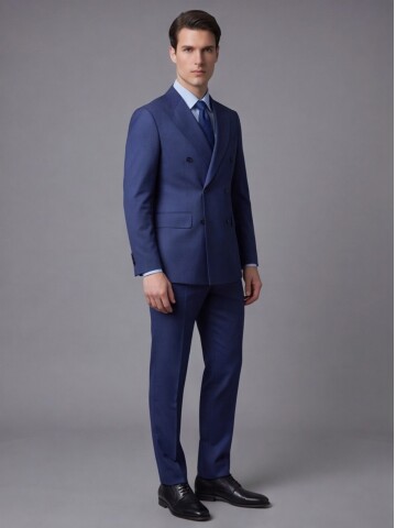 Mavi Yünlü Sivri Yaka Kruvaze Comfort Fit Takım Elbise