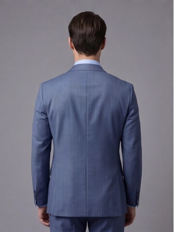 Mavi Yünlü Sivri Yaka Kruvaze Regular Fit 6 Düğme Takım Elbise