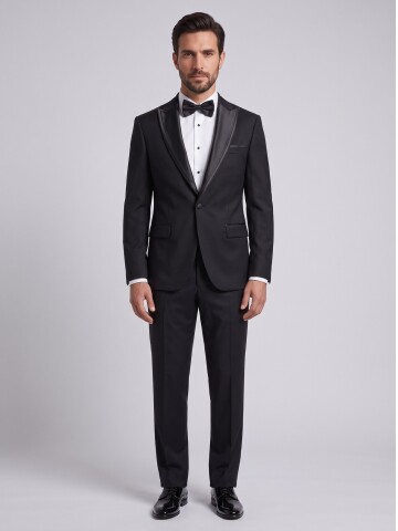 Siyah Çıkma Sivri Yaka Slim Fit Damatlık