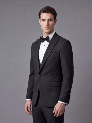 Black Peak Lapel Slim Fit One Button Tuxedo