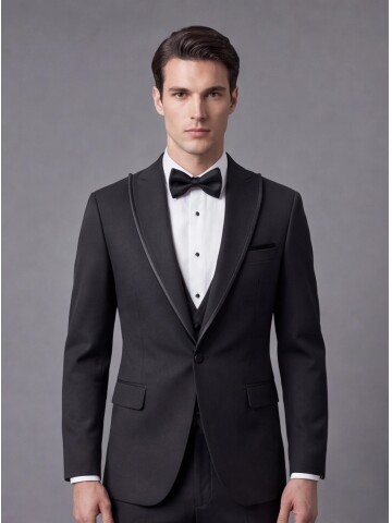 Black Peak Lapel Slim Fit One Button Tuxedo
