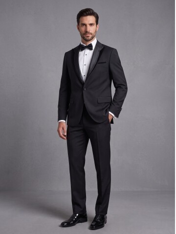 Siyah Çıkma Sivri Yaka Slim Fit Tek Düğme Damatlık
