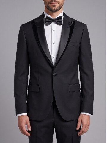 Siyah Çıkma Sivri Yaka Slim Fit Tek Düğme Damatlık
